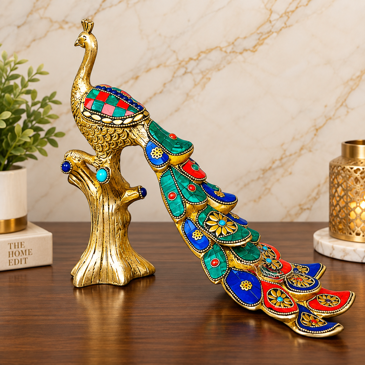 Brass Peacock Figurine with Multicolor Stone Workimage 3