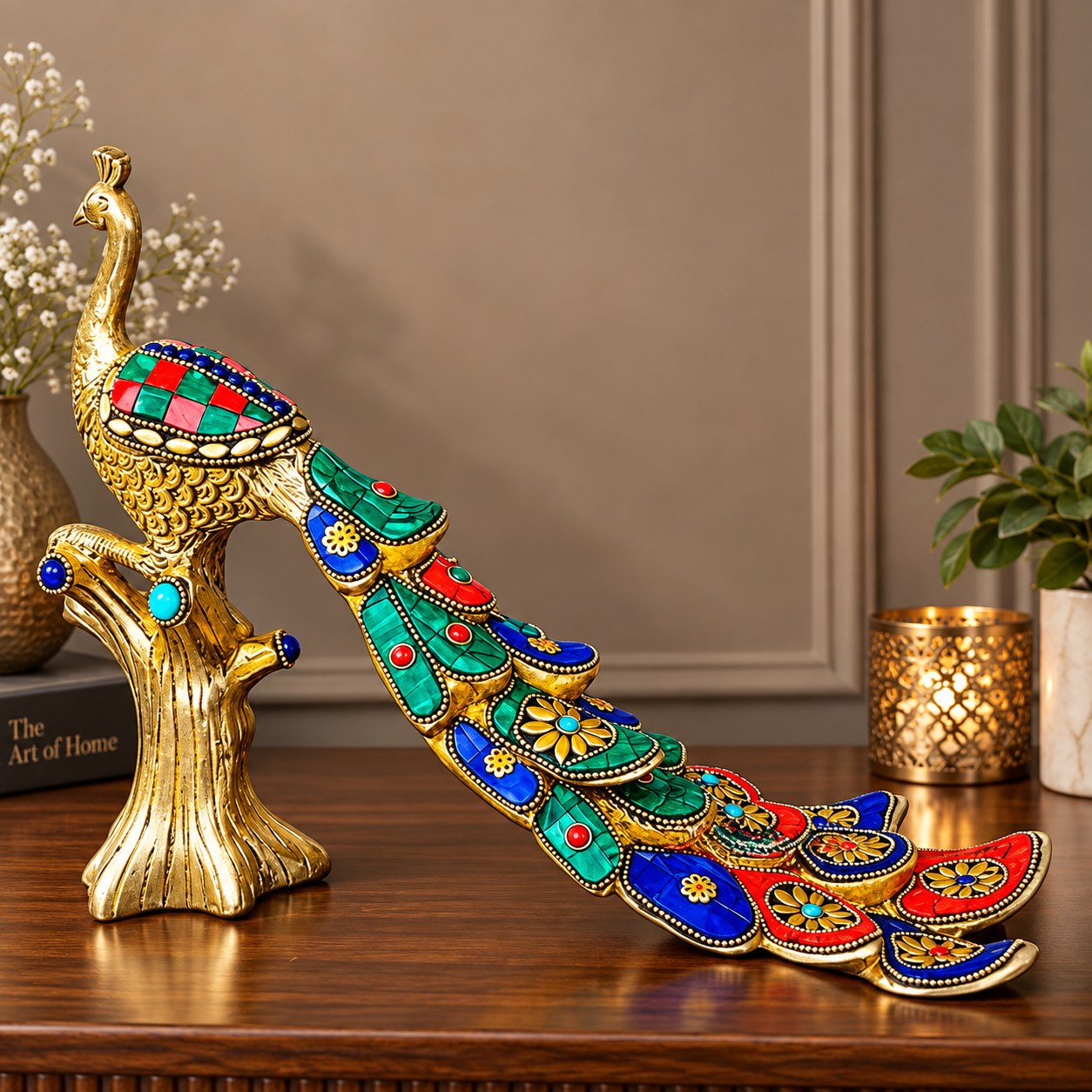 Brass Peacock Figurine with Multicolor Stone Workimage 2