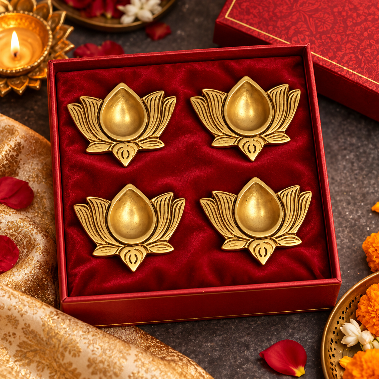 Brass Lotus Diya | Set of 4 Diyas